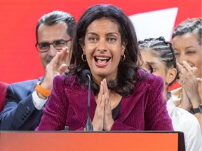 Quebec Liberal Party Leader Dominique Anglade addresses supporters at the Corona Theatre in Montreal after Monday's general election.