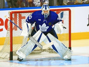 Matt Murray of the Toronto Maple Leafs warms up before playing against the Montreal Canadiens during an NHL pre-season game at Scotiabank Arena on Sept. 28, 2022 in Toronto.