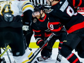 Ottawa Senators right wing Claude Giroux (28) battles to win a face-off during first period NHL action at Canadian Tire Centre on Oct. 18, 2022.