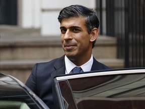 Rishi Sunak leaves the Conservative Campaign Headquarters in London, Monday, Oct. 24, 2022. Canadians can expect some long-awaited stability in its relations with Britain with today's news that the U.K.'s former finance minister Rishi Sunak will be prime minister, after two contenders -- including former PM Boris Johnson -- bowed out of the leadership contest.
