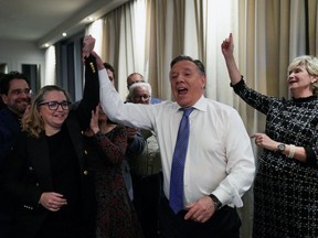 Quebec Premier Francois Legault celebrates during an election night rally in Quebec City, Quebec, Canada, Oct. 3, 2022.