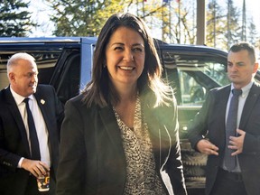 Danielle Smith arrives to be sworn in as Alberta Premier-designate in Edmonton on October 11, 2022.