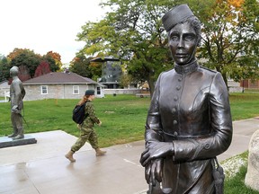 This bronze statue of a female Royal Military College cadet was unveiled on May 20, 2022. The statue joins the male cadet statue, nicknamed Brucie, which was installed in 1976 and can be seen in the background.