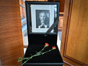 A portrait of the last leader of the Soviet Union, Mikhail Gorbachev, is displayed in his memory at the Gorbachev Foundation headquarters in Moscow on Aug. 31, 2022.