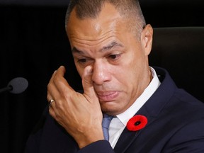 Former Ottawa Police Service chief Peter Sloly reacts he describes the “inhuman” conditions his officers endured during the freedom convoy protest last winter in the freezing cold all while being unfairly criticized. He was testifying at the Public Order Emergency Commission in Ottawa, Ontario, Canada Oct. 28, 2022.