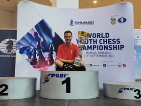 Shawn Rodrigue-Lemieux of Montreal is the new world under-18 chess champion. He's seen here in Romania in September.