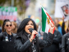Carleton MP Goldie Ghamari, whose family immigrated to Canada from Iran as a young child and still has extended family in Iran, joined Saturday's march and rally in Ottawa .