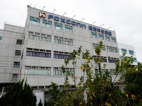 The logo of Foxconn is pictured on top of the company's headquarters in New Taipei City, Taiwan October 31, 2022.