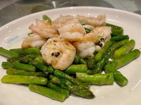 Truffled shrimp with asparagus.