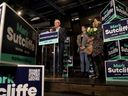 Wth his wife, Ginny, and children Erica, Jack and Kate by his side, Mark Sutcliffe speaks to supporters at a victory party on Monday night.