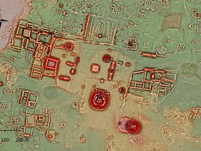 A graphic illustrating new details, uncovered using LiDAR laser technology, of the ancient Mayan city of Calakmul, Mexico, in this undated handout image.