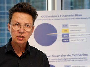 Mayoral candidate Catherine McKenney announcing their financial plan during a media conference on Thursday.