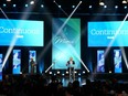 Coalition Avenir Québec Leader François Legault makes his victory speech to supporters at the party's election night headquarters, in Quebec City, Monday, Oct. 3, 2022.