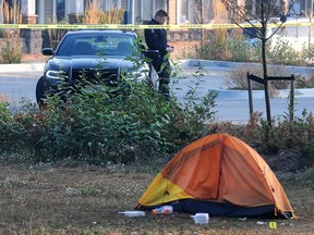 Burnaby RCMP on scene following the fatal stabbing of Const. Shaelyn Yang at Broadview Park in Burnaby, on Oct. 19, 2022.