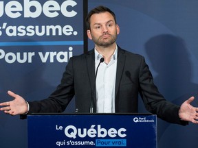 Parti Québécois Leader Paul St-Pierre Plamondon speaks during a post-election news conference in Boucherville on Tuesday, October 4, 2022.