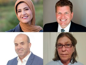 The four candidates for the Ottawa City Council seat in Riverside South-Findlay Creek including, clockwise from top left, Zainab Alsalihiy, Steve Desroches, Em McLellan and Salah Elsaadi.