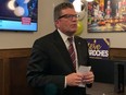 Steve Desroches thanks his family and supporters during an election night event at the Broadway Bar and Grill Riverside.