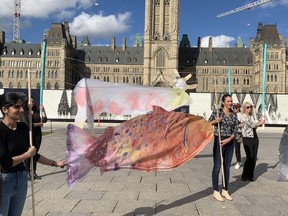Volunteers hold up art by Parr Etidloie and Patrick Thompson in front of Parliament.