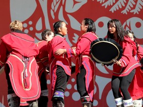 The Inuksuk Drum Dancers perform with throat singing at an event in honour of the second annual National Day for Truth and Reconciliation. A commemorative gathering was held at LeBreton Flats Friday.