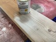White-wash stain applied to pre-coloured softwood. Multiple coats build a deeper and more opaque finish.