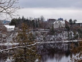 A November view (at right) of 24 Sussex Drive, the crumbling official residence of the Prime Minister of Canada.