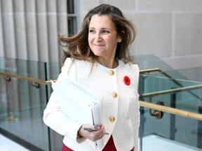 Deputy Prime Minister and Minister of Finance Chrystia Freeland arrives for a news conference before tabling the Fall Fiscal Update in Ottawa, on Thursday, Nov. 3, 2022.