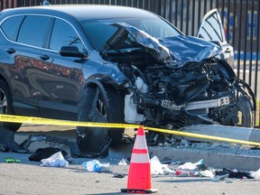 A damaged vehicle is seen after multiple Los Angeles County Sheriff's Department recruits were injured when a car crashed into them while they were out for a run in Whittier, California, U.S. November 16, 2022.