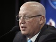 NHL deputy commissioner and chief legal officer Bill Daly attends a press conference ahead of the 2022 NHL Global Series ice hockey match Colorado Avalanche vs Columbus Blue Jackets in Tampere on November 5, 2022. (Photo by Emmi Korhonen / Lehtikuva / AFP) / Finland OUT