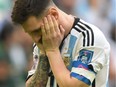 TOPSHOT - Argentina's forward #10 Lionel Messi reacts during the Qatar 2022 World Cup Group C football match between Argentina and Saudi Arabia at the Lusail Stadium in Lusail, north of Doha on November 22, 2022.