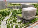 Une image de dossier de 2021 des plans de conception du nouveau campus Civic de L'Hôpital d'Ottawa montre l'entrée principale et un centre de recherche.
