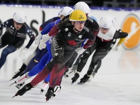 Canada's&ampnbsp;Ivanie Blondin competes in the women's mass start speedskating race of the World Cup final in Thialf ice rink, Heerenveen, Netherlands, Sunday, March 13, 2022.&ampnbsp;