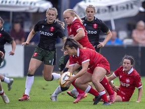 Canada's Julia Schell carries the ball during second half action Senior Women's 15s test match rugby against Wales in Halifax on Saturday, Aug. 27, 2022. Third-ranked Canada looks to advance to the Women's Rugby World Cup final by upsetting top-ranked England in semifinal play at Eden Park.