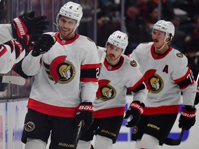 Ottawa Senators defenceman Artem Zub (2) celebrates his goal scored against the Anaheim Ducks during the second period at Honda Center, Nov. 25, 2022.