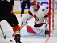 Nov 25, 2022; Anaheim, California, USA; Ottawa Senators goaltender Cam Talbot (33) defends the goal against Anaheim Ducks right wing Troy Terry (19) during the second period at Honda Center.