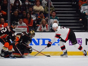 Ottawa Senators left wing Brady Tkachuk (7) moves in for a shot against Anaheim Ducks goaltender Anthony Stolarz (41) and defenseman Kevin Shattenkirk (22) during the second period at Honda Center, Nov. 25, 2022.