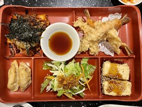 Bento box with teriyaki salmon and shrimp tempura at Korean House in Chinatown