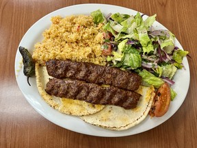 Adana kebab (two skewers of ground veal and lamb kebabs marinated with hot spices, cooked on a charcoal grill) at Iskender Doner Kebab House on Innes Road