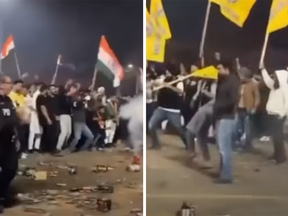 A crowd waving Khalistan flags faced off with nationalists brandishing the Indian flag in a Mississauga, Ont., parking lot on Diwali. Police watched as the two sides yelled and set off fireworks, but there was no violence.
