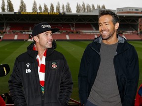 Wrexham AFC owners actors Ryan Reynolds (right) and Rob McElhenney hold a press conference on Racecourse Ground, Wrexham, Wales.
