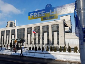 The Russian Embassy in Ottawa, where pro-Ukraine signage was installed earlier this year by the city as a gesture of support for Ukraine.