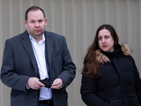 Eric Chouinard leaves the Provincial Offences Court via a back door with his lawyer Céline Dostaler after his sentencing hearing Monday. Chouinard pleaded guilty to careless driving causing death and careless driving causing bodily harm stemming from a 2020 collision on the Sir John A. Macdonald Parkway.
