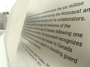 The wording on the main plaque at the National Holocaust Monument in Ottawa.