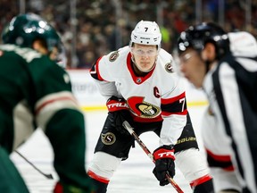 Brady Tkachuk #7 of the Ottawa Senators looks on against the Minnesota Wild in the third period of the game at Xcel Energy Center on Dec. 18, 2022 in St Paul, Minnesota. The Wild defeated the Senators 4-2.