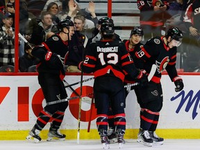 OTTAWA -- Ottawa Senators left wing Brady Tkachuk (7) celebrates his goal against the San Jose Sharks with teammates during first period NHL action at the Canadian Tire Centre on Saturday, Dec. 3, 2022