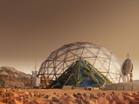Lenore Newman thinks there will be conservatory-style domes on Mars — like the one in an artist’s rendering — but most food-producing plants will need to be grown in factories. ILLUSTRATION BY GETTY IMAGES
