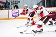 Chris Barlas of the Ottawa 67’s (above) sends a back-hand pass to teammate Vinzenz Rohrer during yesterday’s OHL game at TD Place.