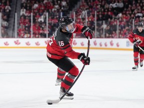 Canada's Connor Bedard scores his third goal of the game during second period IIHF World Junior Hockey Championship action against Germany in Halifax on Wednesday, December 28, 2022.