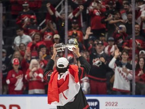 Canada's Mason McTavish (23) celebrates the win over Finland during IIHF World Junior Hockey Championship gold medal game action in Edmonton, Saturday, Aug. 20, 2022.