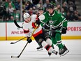 Ottawa Senators right wing Alex DeBrincat (12) and Dallas Stars center Ty Dellandrea (10) skate in centre ice during the second period at the American Airlines Center, Dec. 8, 2022.