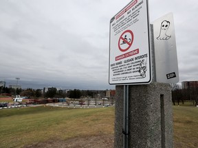 A photo taken in late November shows the view from the top of the hill at Mooney's Bay Park, including a "no sledding" sign posted by the City of Ottawa.
